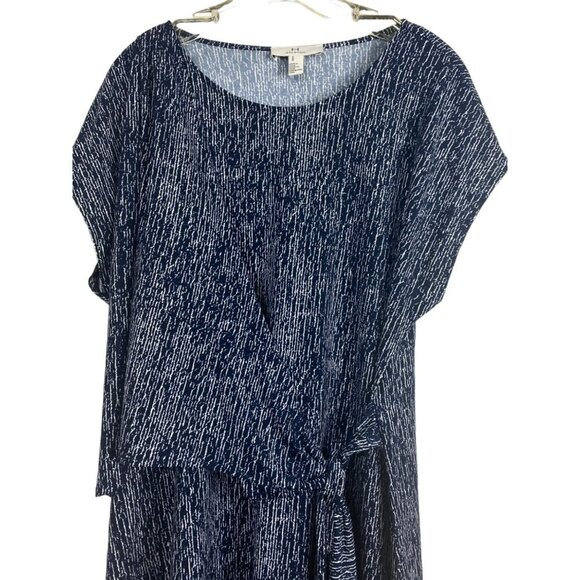 Halston Womens Navy White Textured Print Midi Dress Tie Waist Cap Sleeves Medium - Picture 2 of 9